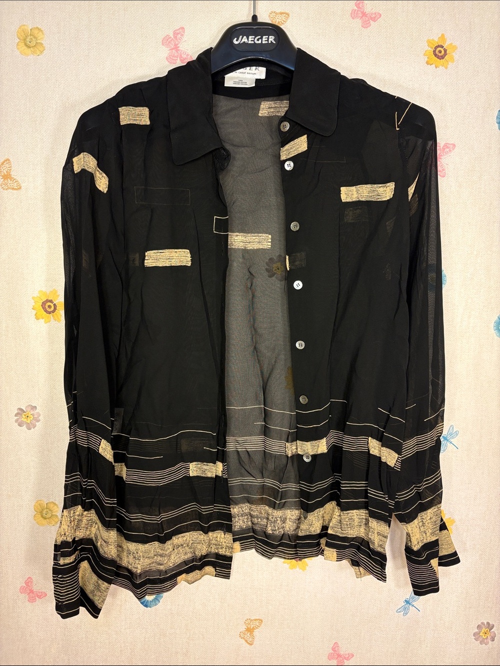 Vintage Jaeger - Black Sheer Button-Down Shirt with Brushstroke Detail